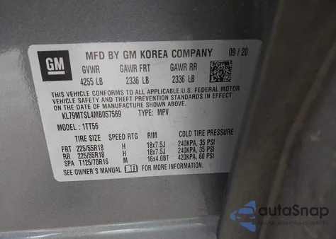 2021 Chevrolet Trailblazer Fwd Rs из США, поврежденный, VIN KL79MTSL4MB057569